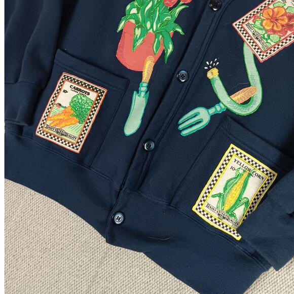 Fruit of the Loom Vintage Sweatshirt Cardigan OSFA Navy Blue Patched Garden Boho - Picture 4 of 13